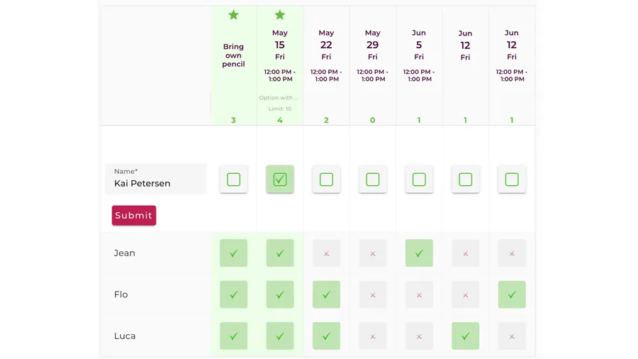 A Whocan doodle poll in table layout — rows of candidate dates, columns of voters